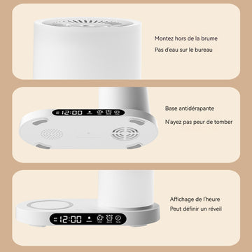 Humidificateur d'air avec chargeur sans fil 150ml diffuseur d'huiles essentielles avec haut-parleur bluetooth réveil et veilleuse